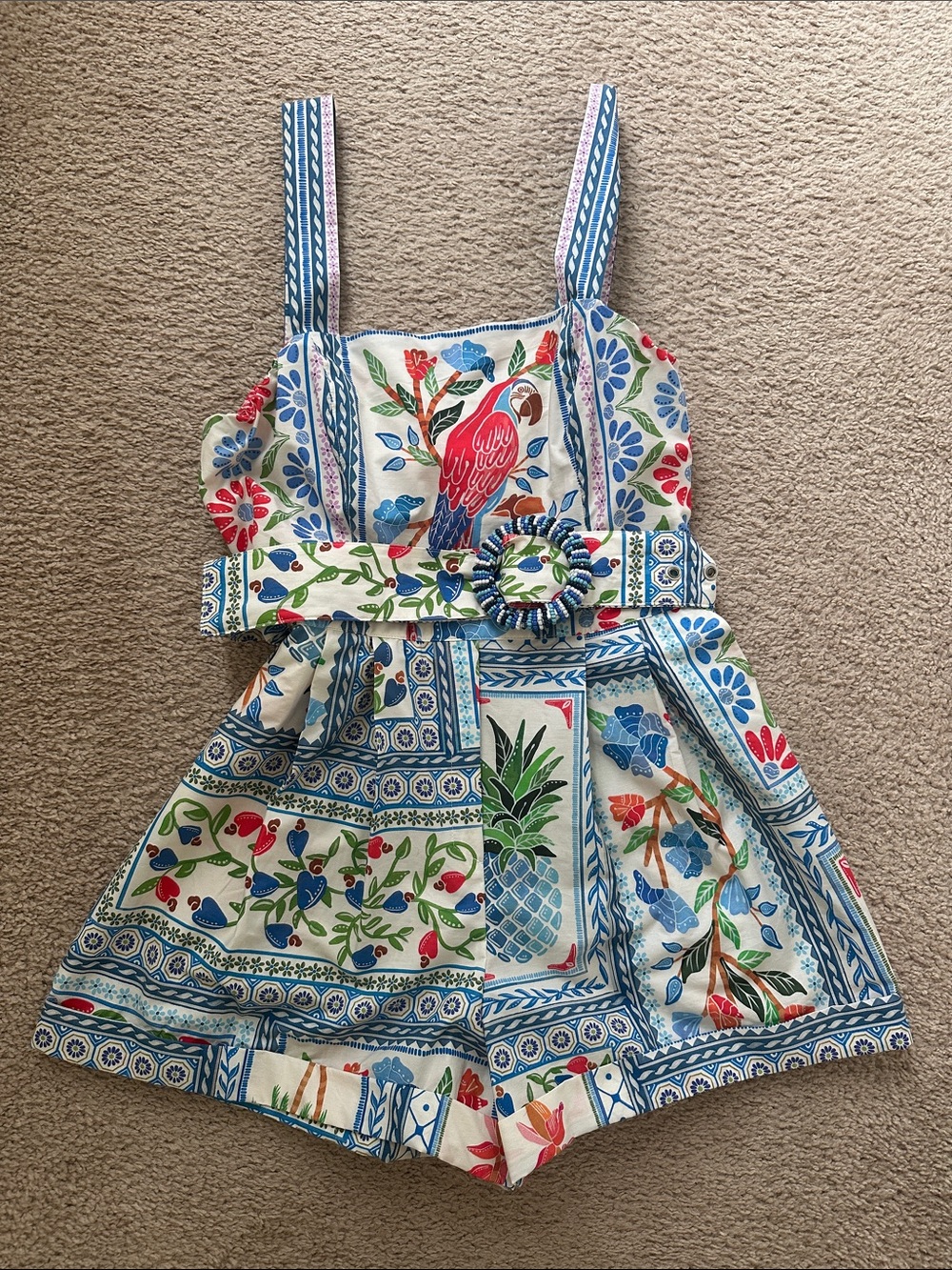 Farm Rio Romper Size Small Tropical Tile with Beaded Buckle! - Picture 1 of 11